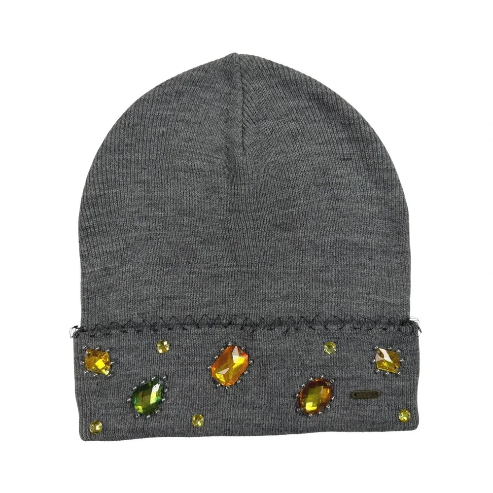 Barts Rhinestone Embellished Beanie Womens Knit Hat Gray Minimalist Mcbling